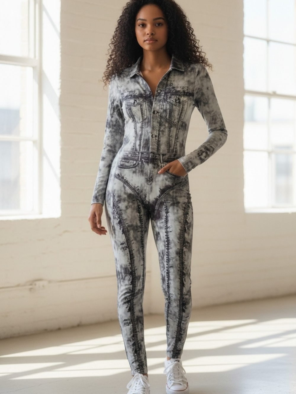 SHEIN X Gray Tie-Dye Long-Sleeve Jumpsuit